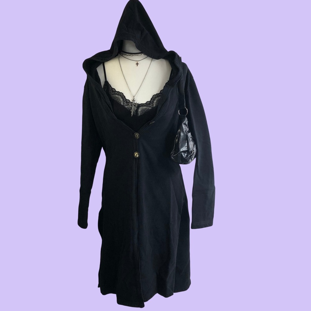 Vintage Y2K Jaxx Black Hooded Fleece Long Duster Cardigan Womens S Whimsygoth